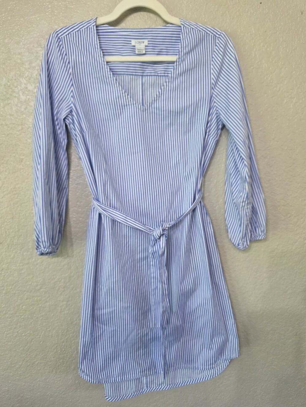 J. Crew Blue and White Striped V-Neck Tie-Waist Dress